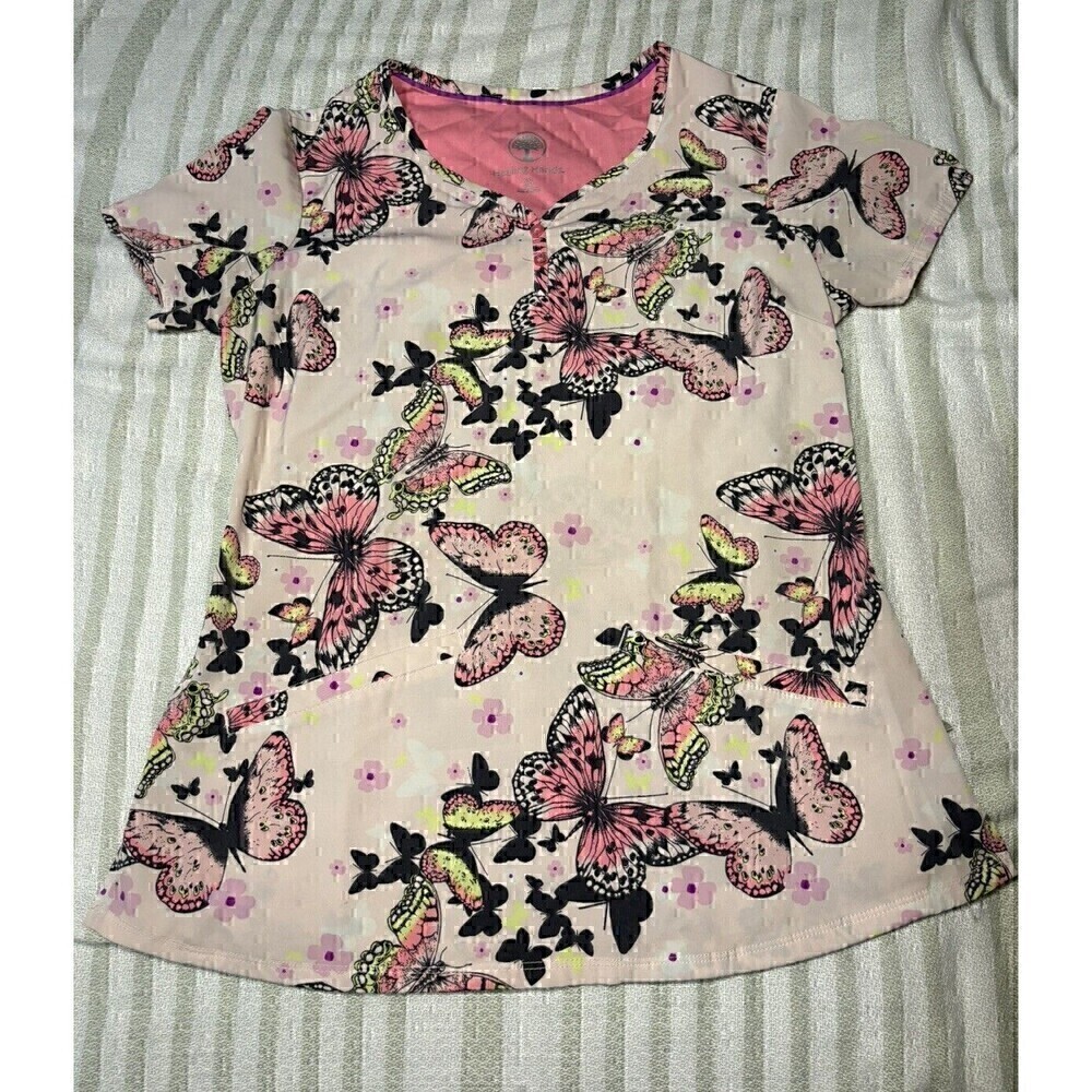 HEALING HANDS Stretch Isabel Scrub Top XS butterflies junior countoured fit EUC